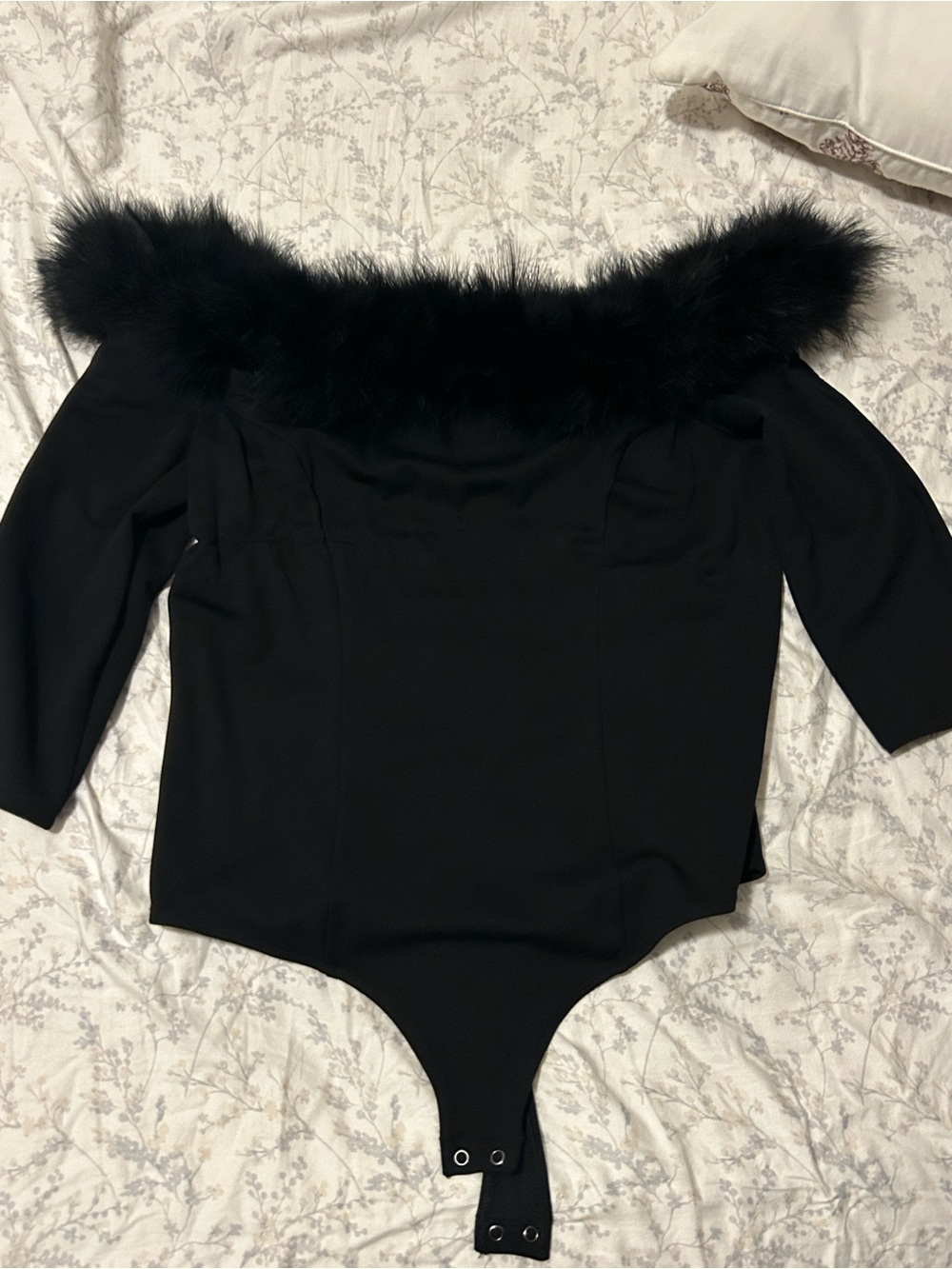 Express Off-Shoulder Black Faux Fur Trim Bodysuit - Women Tops